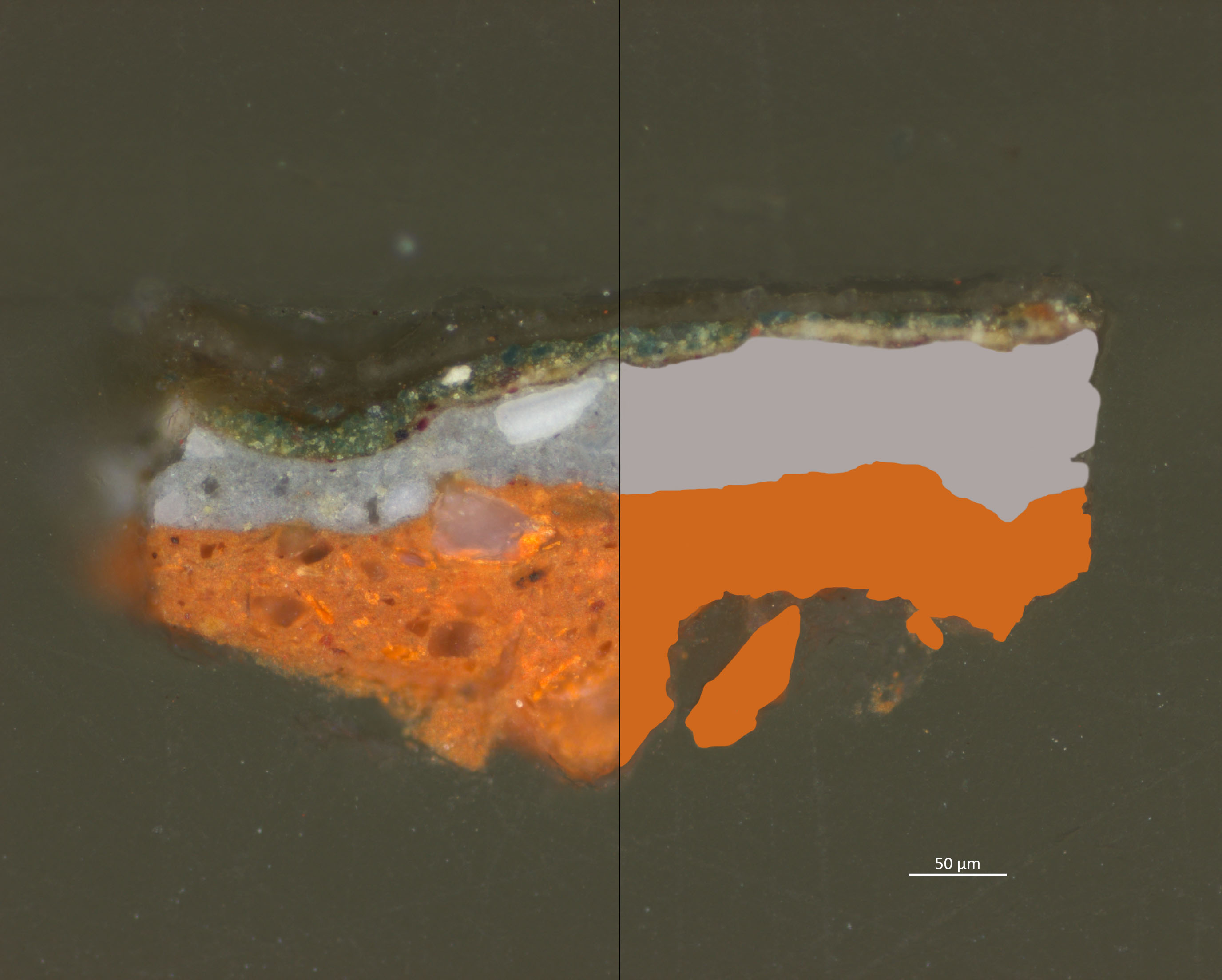 Microscopic paint cross-section showing layered coloured grounds.